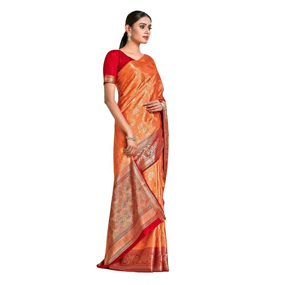 Mimosa Orange Kanjivaram Style Art Silk Saree  With Unstitched Blouse