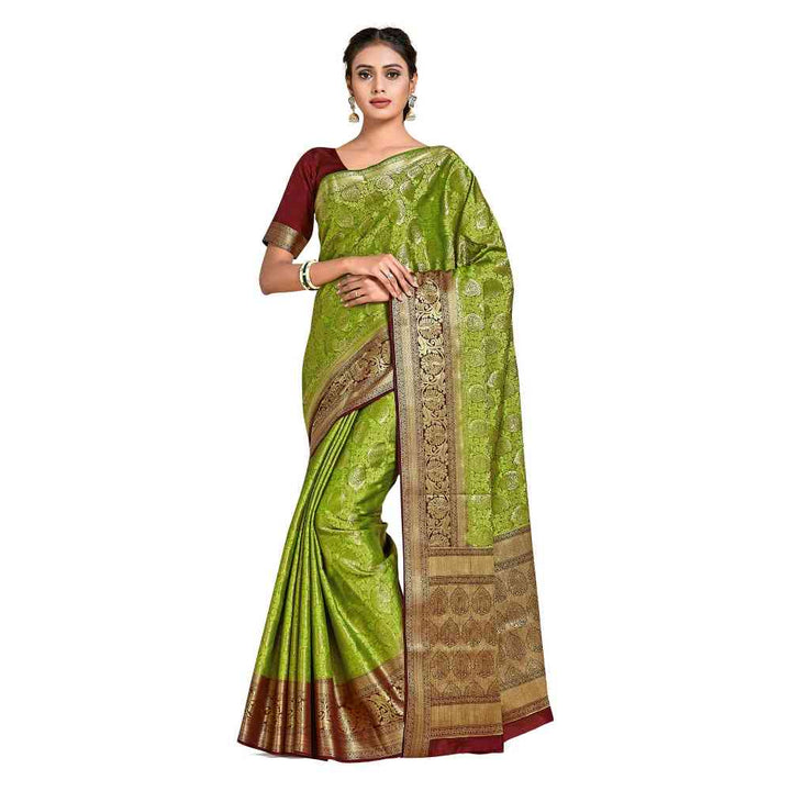 Mimosa Green Kanjivaram Style Art Silk Saree  With Unstitched Blouse