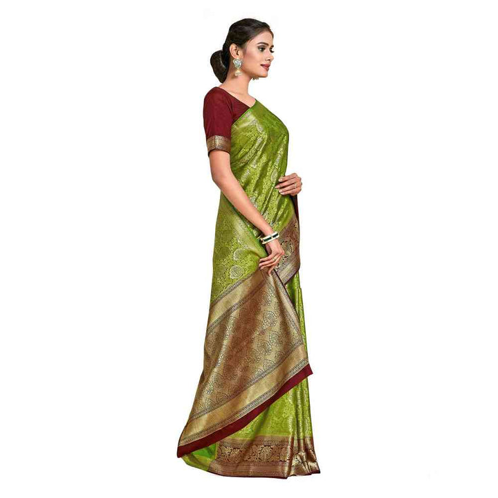 Mimosa Green Kanjivaram Style Art Silk Saree  With Unstitched Blouse