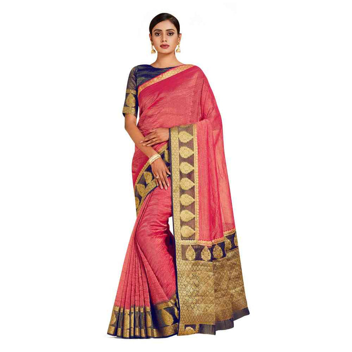 Mimosa Pink Kanjivaram Style Art Silk Saree  With Unstitched Blouse