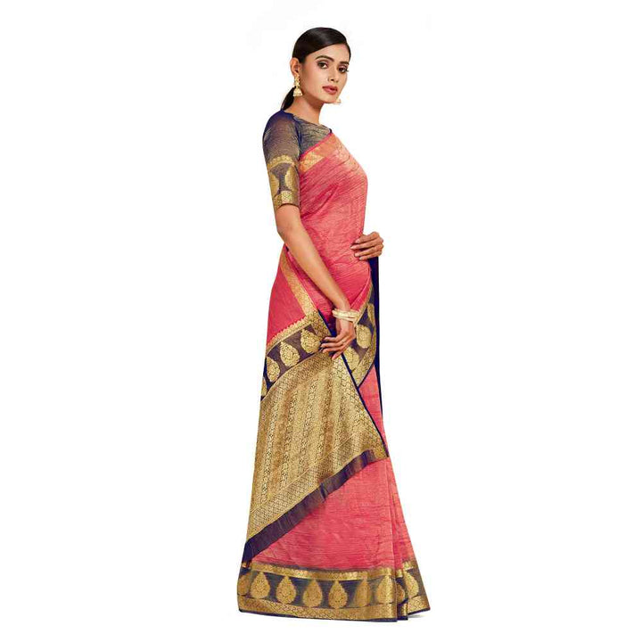 Mimosa Pink Kanjivaram Style Art Silk Saree  With Unstitched Blouse