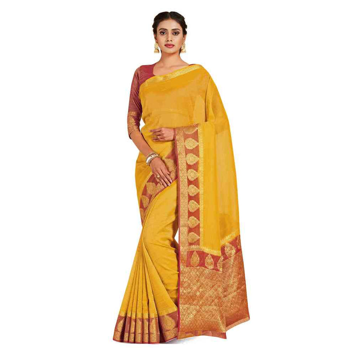 Mimosa Mustard Kanjivaram Style Art Silk Saree  With Unstitched Blouse