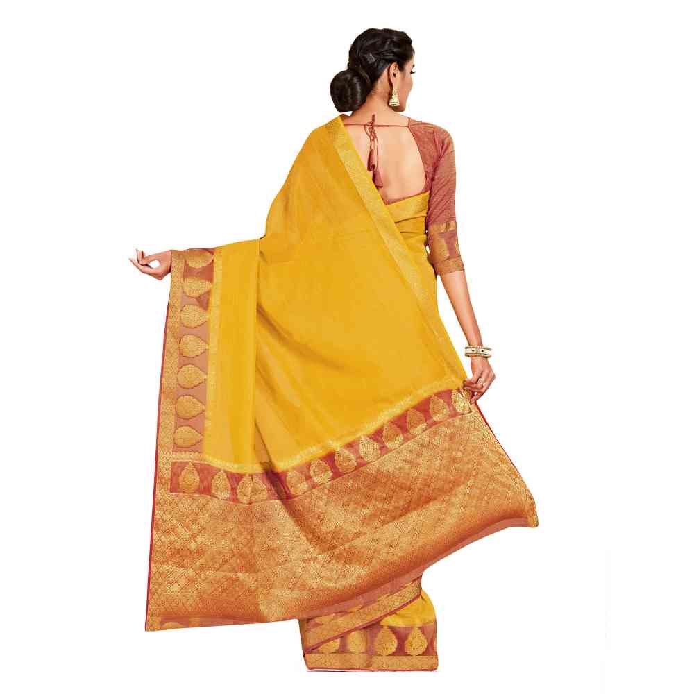 Mimosa Mustard Kanjivaram Style Art Silk Saree  With Unstitched Blouse