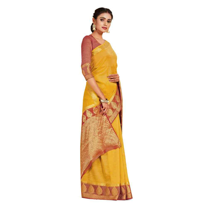 Mimosa Mustard Kanjivaram Style Art Silk Saree  With Unstitched Blouse