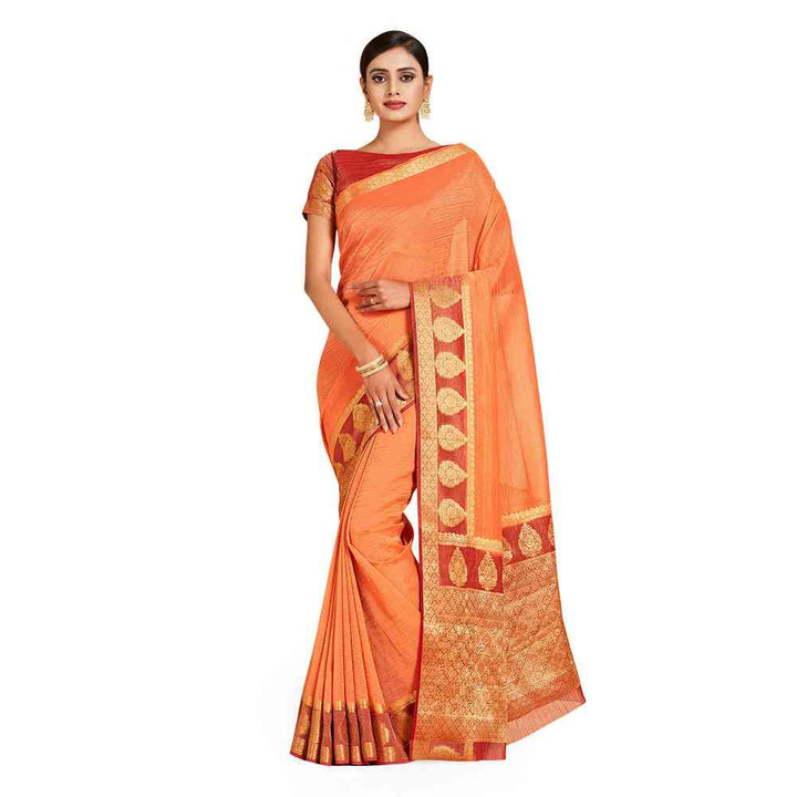 Mimosa Orange Kanjivaram Style Art Silk Saree  With Unstitched Blouse