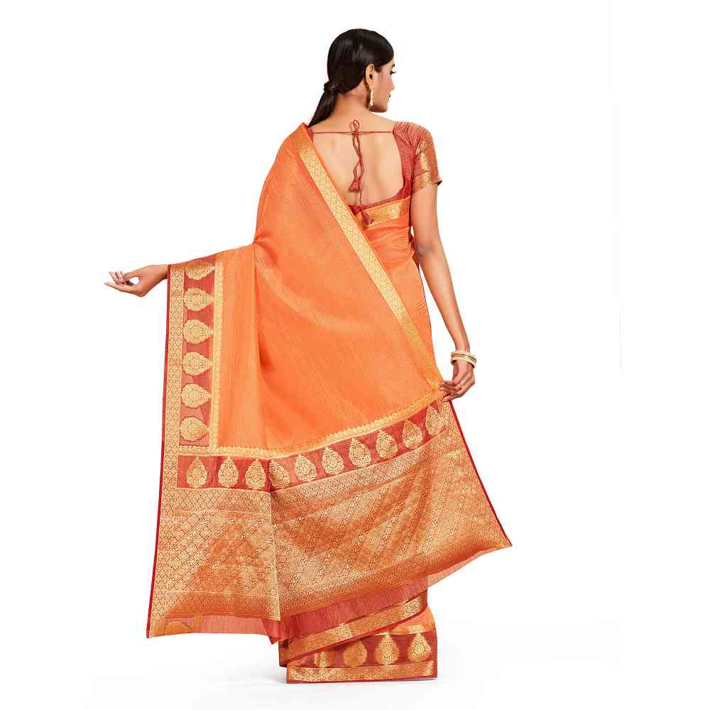 Mimosa Orange Kanjivaram Style Art Silk Saree  With Unstitched Blouse