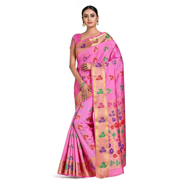 Mimosa Pink Dharmavaram Style Art Silk Saree  With Unstitched Blouse