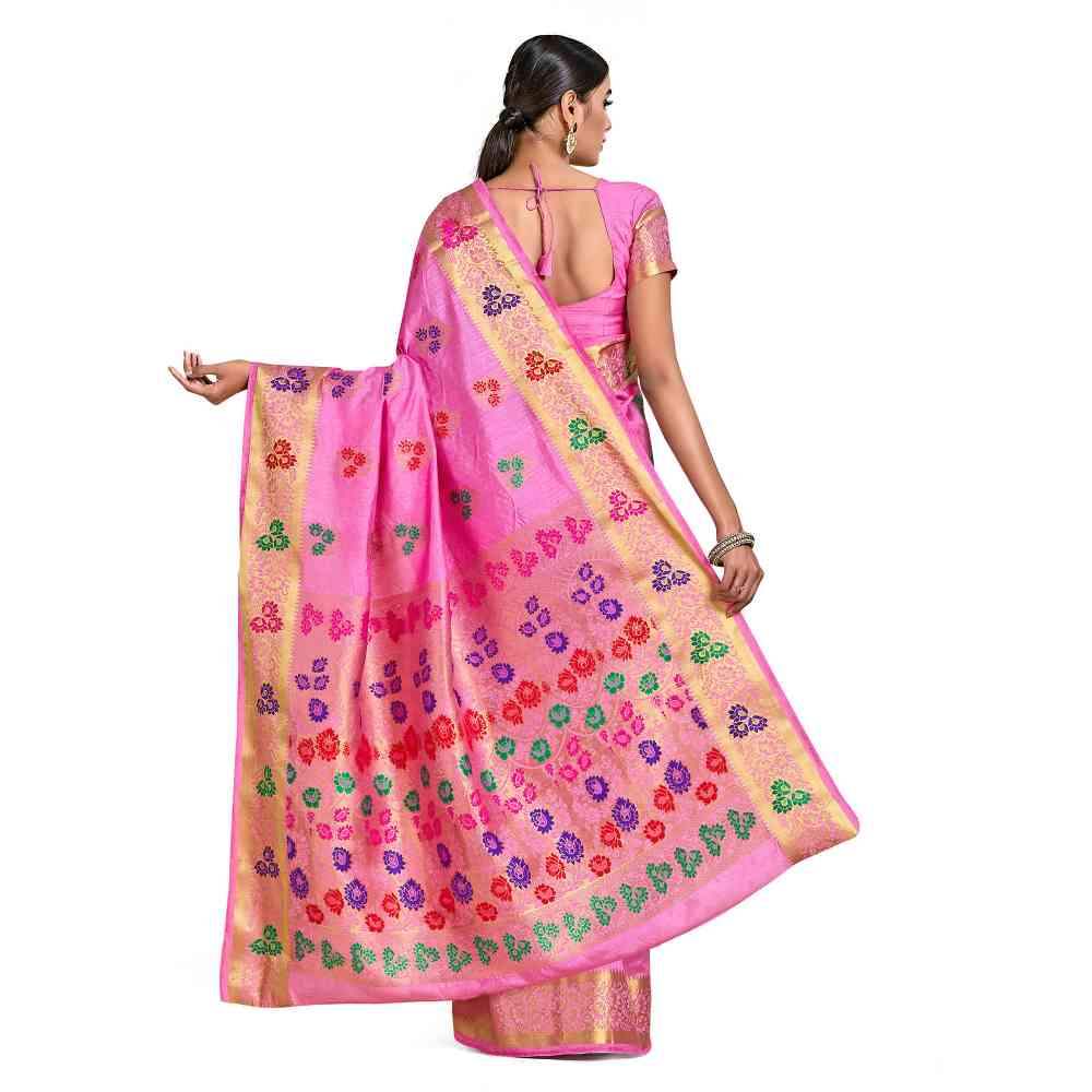 Mimosa Pink Dharmavaram Style Art Silk Saree  With Unstitched Blouse