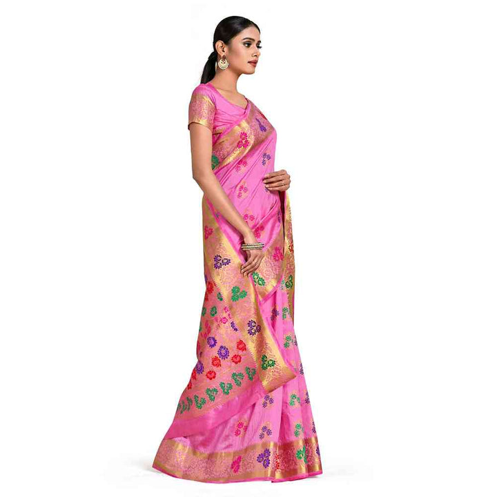 Mimosa Pink Dharmavaram Style Art Silk Saree  With Unstitched Blouse