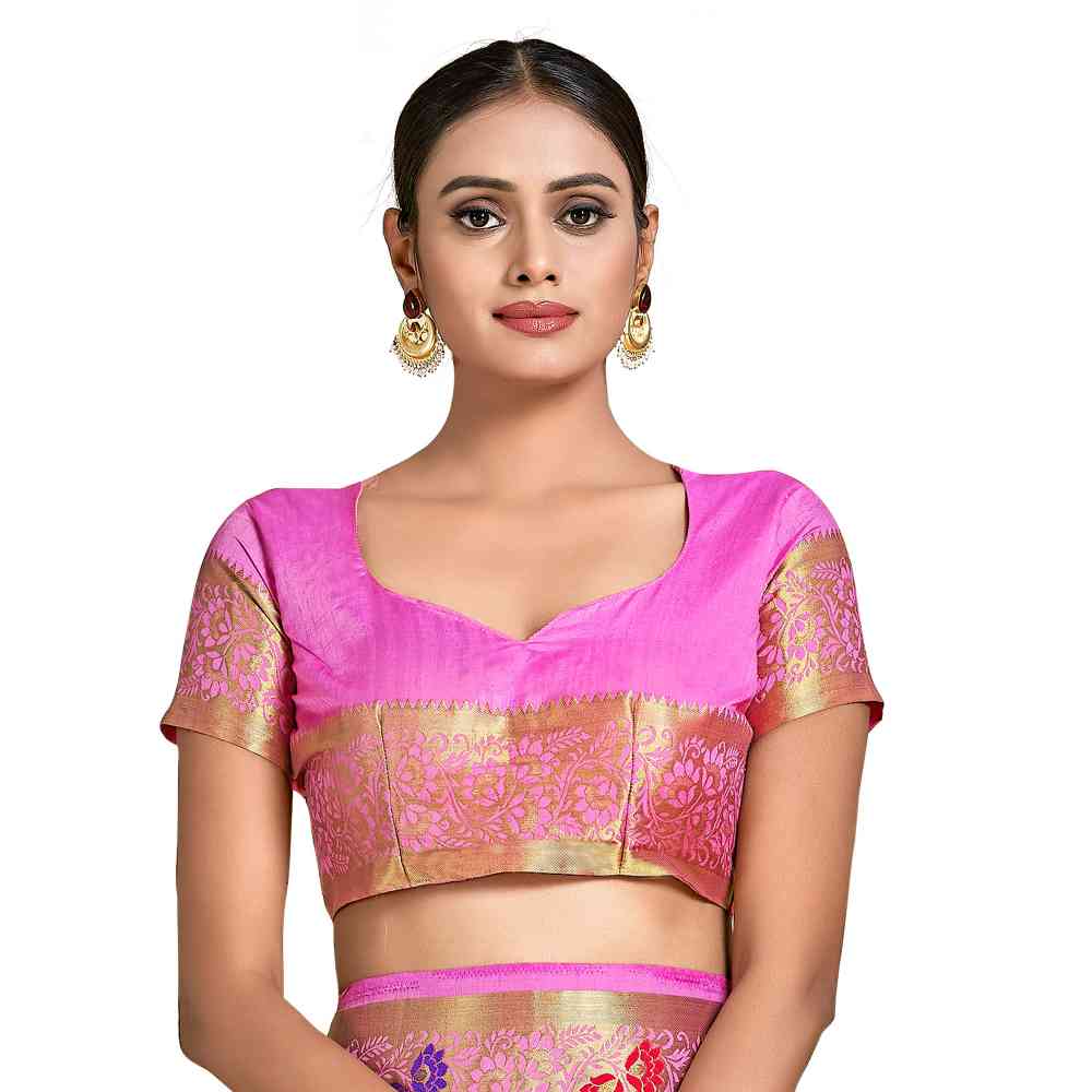 Mimosa Pink Dharmavaram Style Art Silk Saree  With Unstitched Blouse