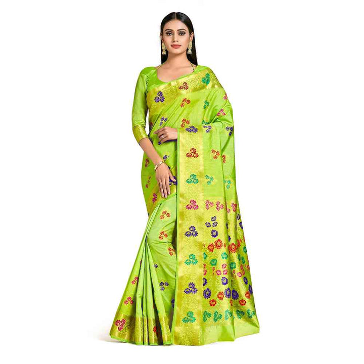 Mimosa Green Dharmavaram Style Art Silk Saree  With Unstitched Blouse