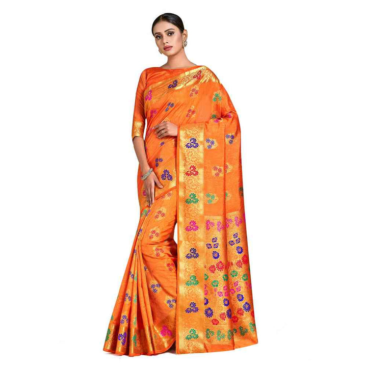 Mimosa Orange Dharmavaram Style Art Silk Saree  With Unstitched Blouse