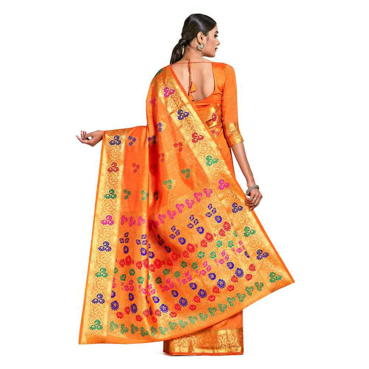 Mimosa Orange Dharmavaram Style Art Silk Saree  With Unstitched Blouse