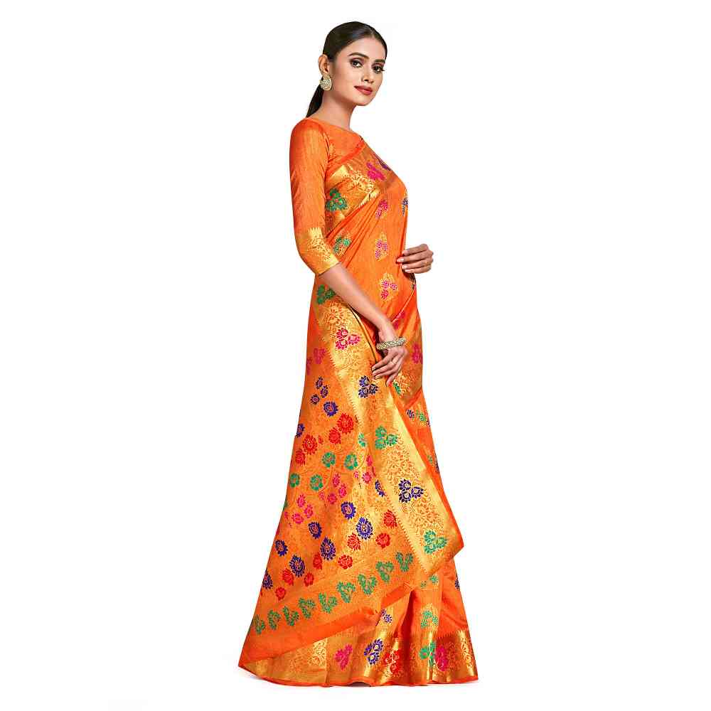 Mimosa Orange Dharmavaram Style Art Silk Saree  With Unstitched Blouse