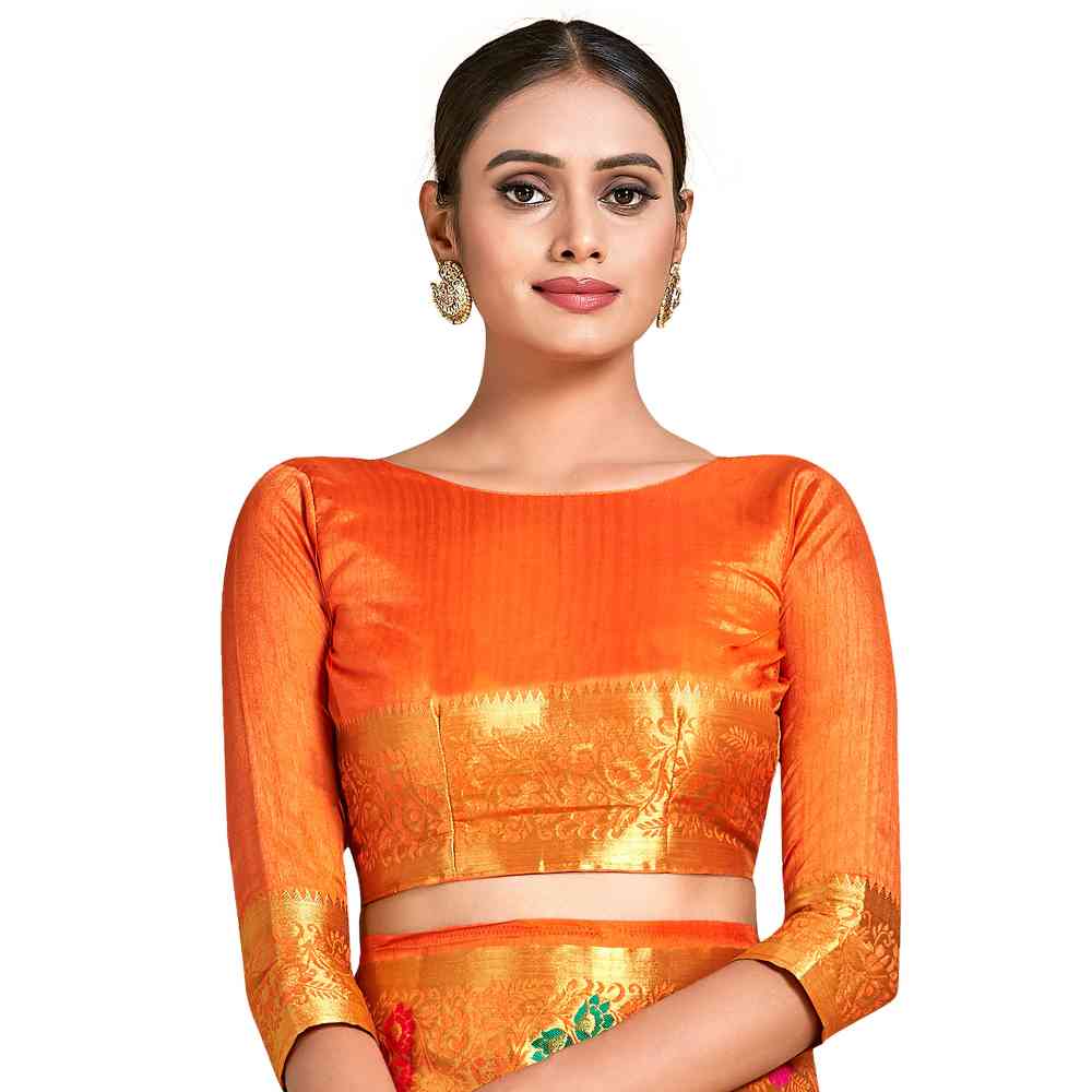 Mimosa Orange Dharmavaram Style Art Silk Saree  With Unstitched Blouse