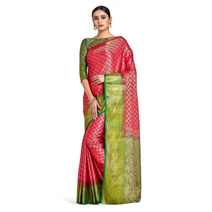 Mimosa Red Kanjivaram Style Art Silk Saree  With Unstitched Blouse