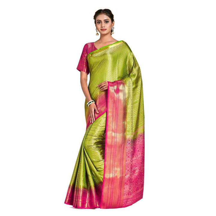 Mimosa Green Kanjivaram Style Art Silk Saree  With Unstitched Blouse