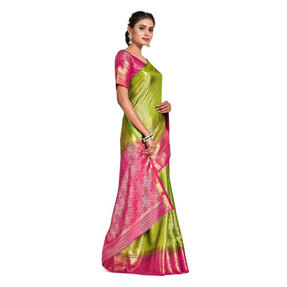 Mimosa Green Kanjivaram Style Art Silk Saree  With Unstitched Blouse