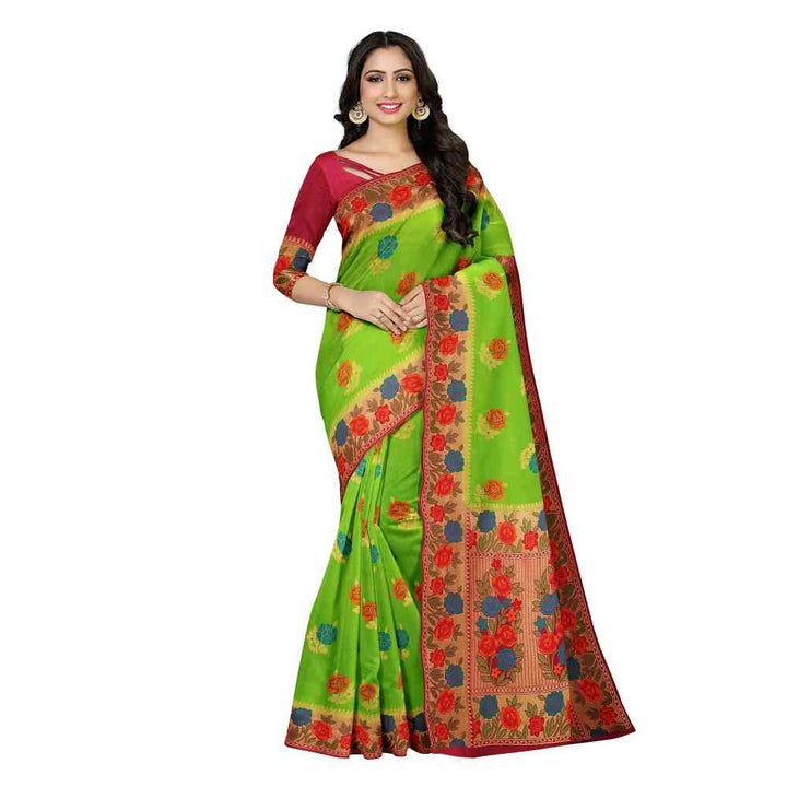 Mimosa Green Patola Style Art Silk Saree With Unstitched Blouse