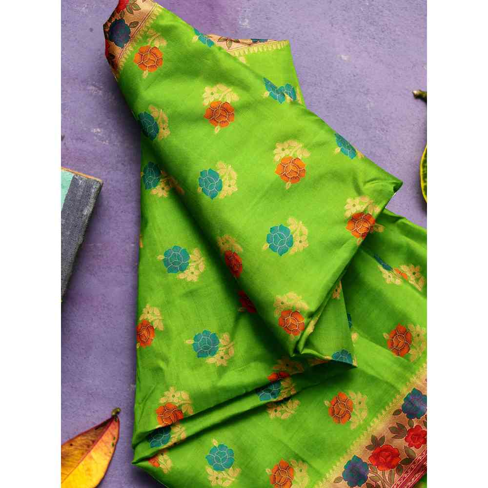 Mimosa Green Patola Style Art Silk Saree With Unstitched Blouse