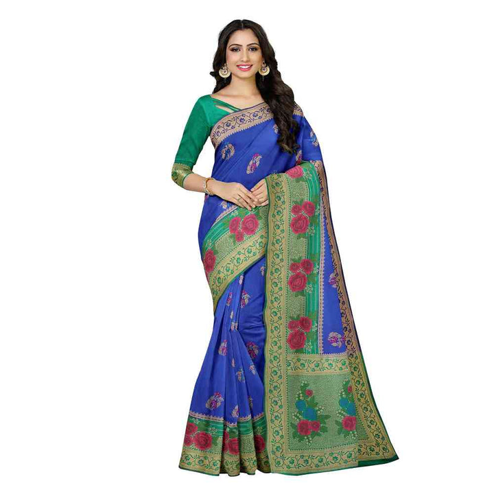 Mimosa Blue Patola Style Art Silk Saree With Unstitched Blouse