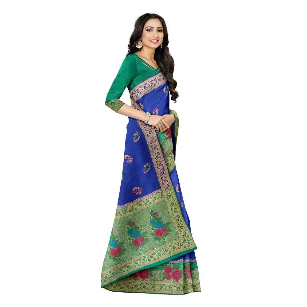 Mimosa Blue Patola Style Art Silk Saree With Unstitched Blouse