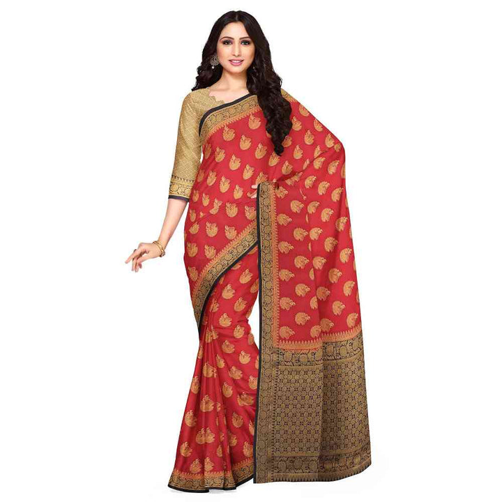 Mimosa Red Floral Embellished Saree With Unstitched Blouse