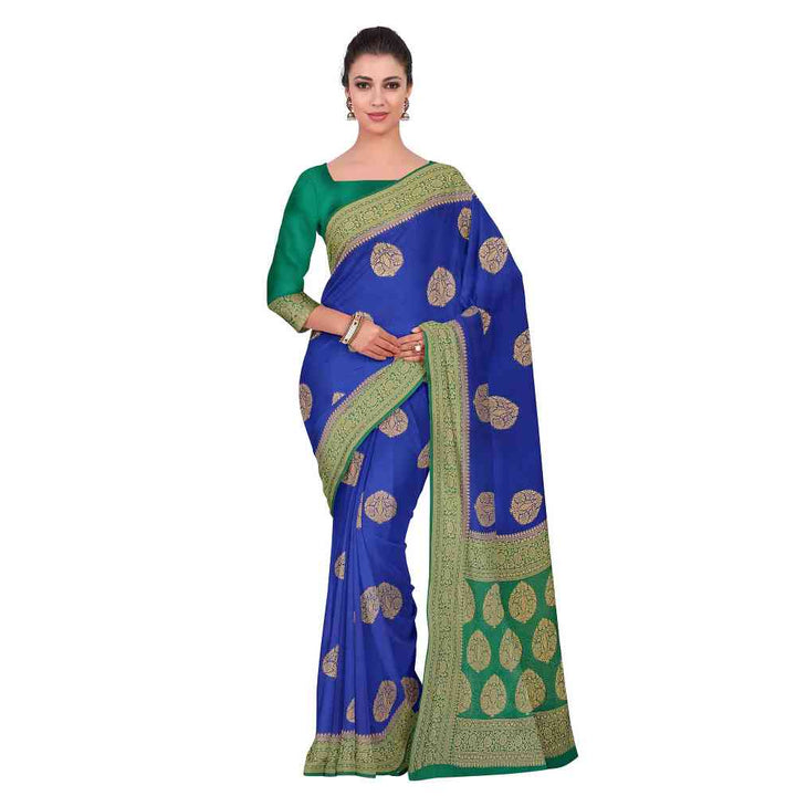 Mimosa Blue Floral Embellished Saree With Unstitched Blouse