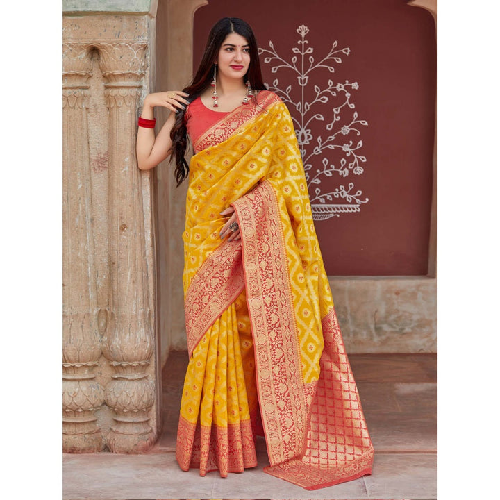 Monjolika Fashion Yellow Woven Banarasi Silk Saree With Unstitched Blouse