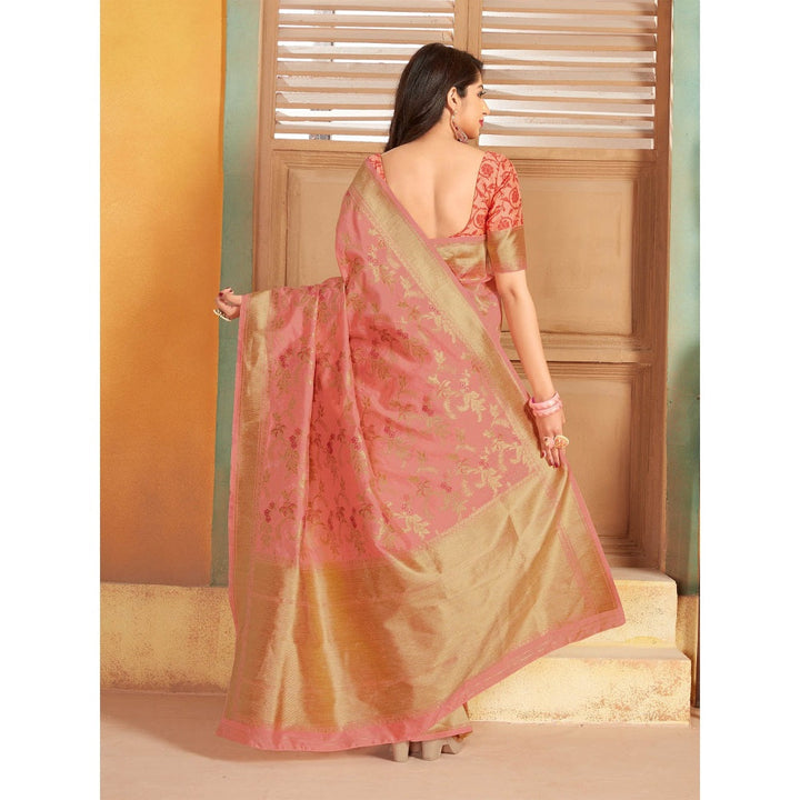 Monjolika Fashion Peach Woven Silk Traditional Saree With Unstitched Blouse