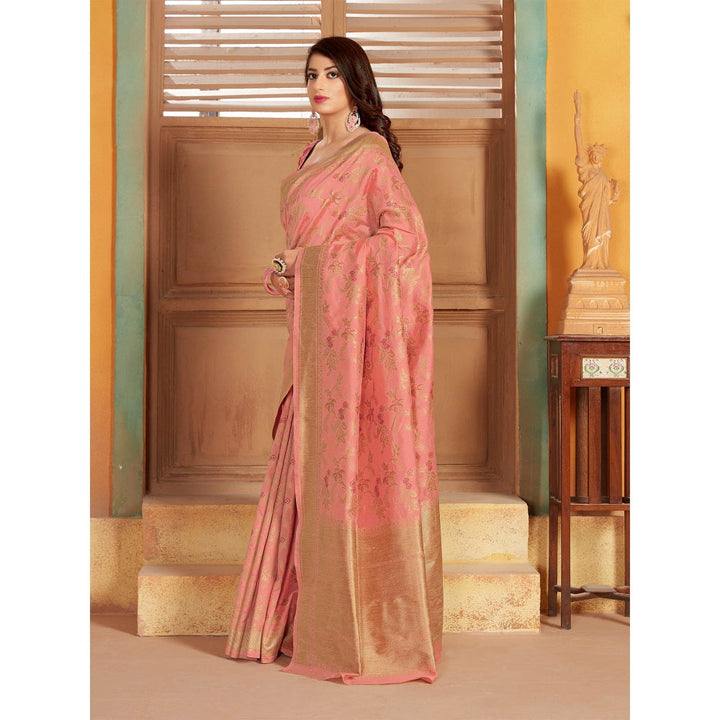 Monjolika Fashion Peach Woven Silk Traditional Saree With Unstitched Blouse
