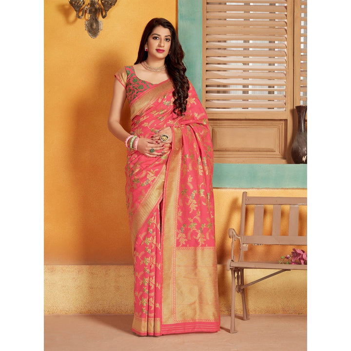 Monjolika Fashion Pink Woven Silk Traditional Saree With Unstitched Blouse