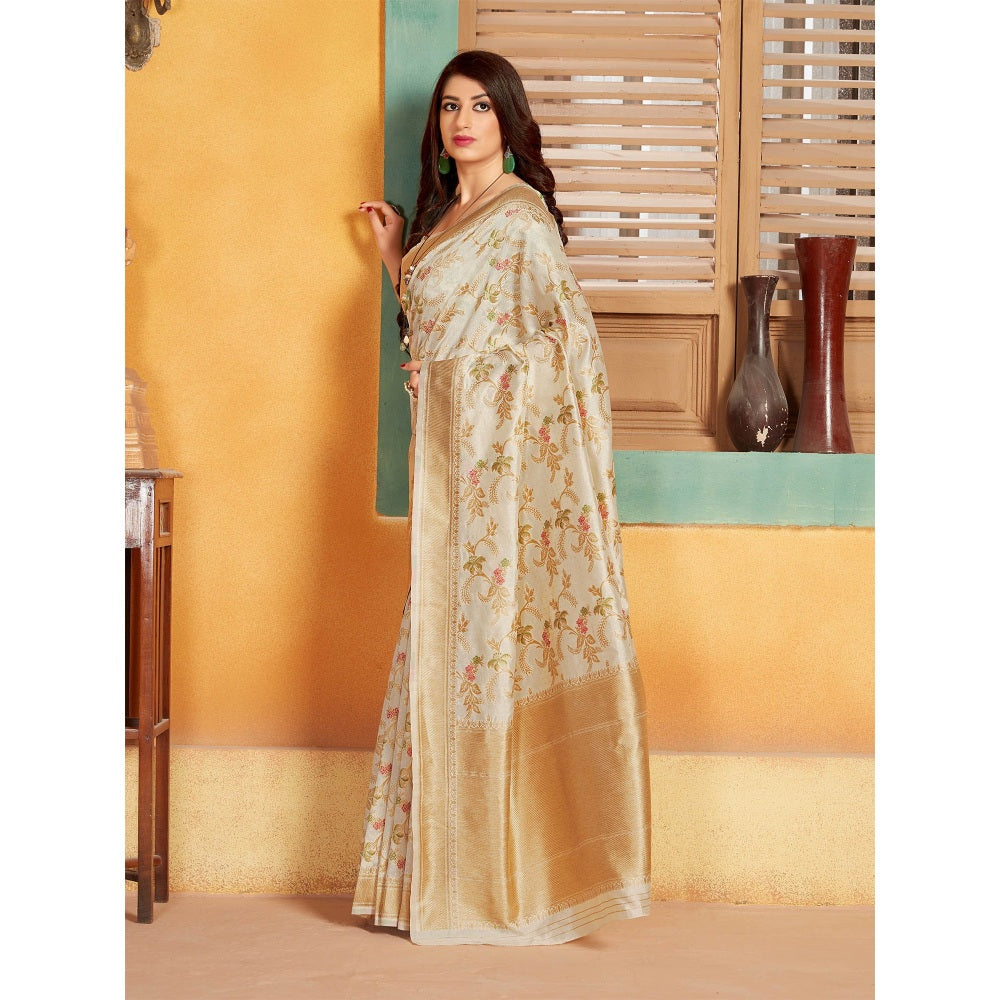 Monjolika Fashion White Woven Silk Traditional Saree With Unstitched Blouse