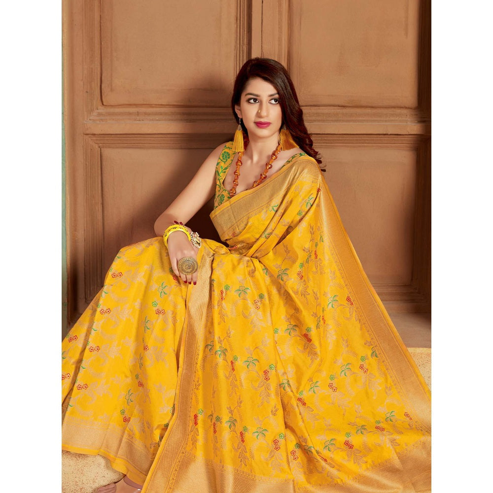 Monjolika Fashion Yellow Woven Silk Traditional Saree With Unstitched Blouse