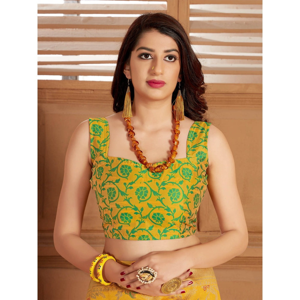 Monjolika Fashion Yellow Woven Silk Traditional Saree With Unstitched Blouse