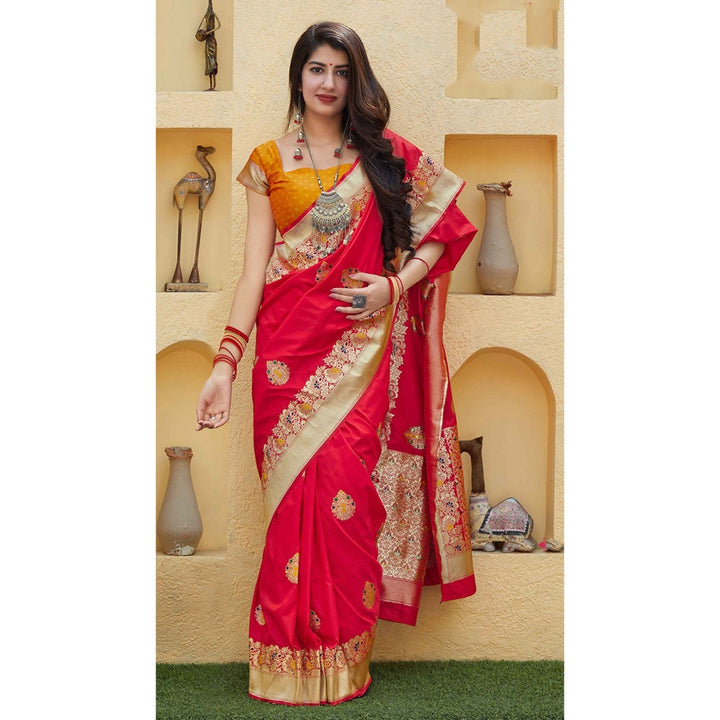 Monjolika Fashion Red Floral Handloom Saree With Unstitched Blouse