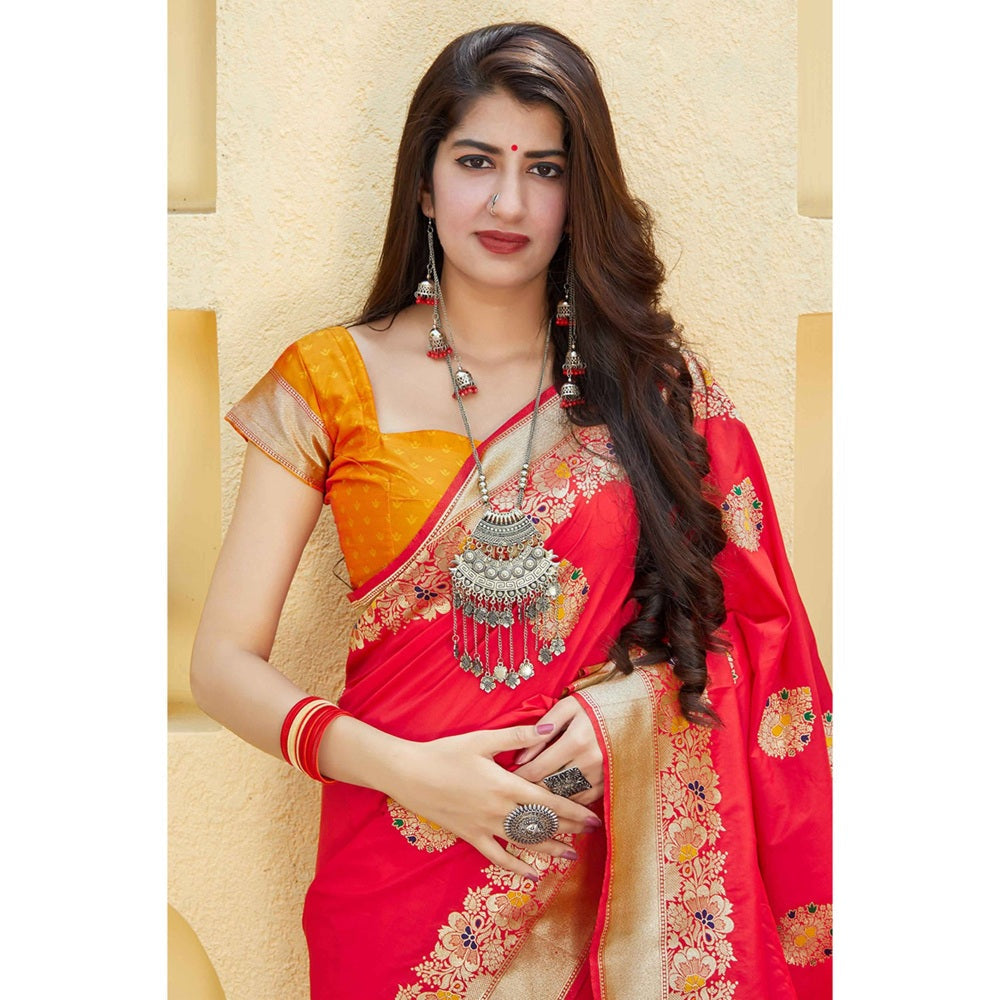 Monjolika Fashion Red Floral Handloom Saree With Unstitched Blouse
