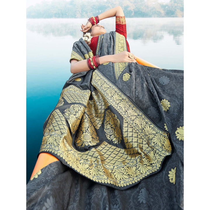Monjolika Fashion Grey Color Banarasi Silk Woven Designer Saree With Unstiched Blouse