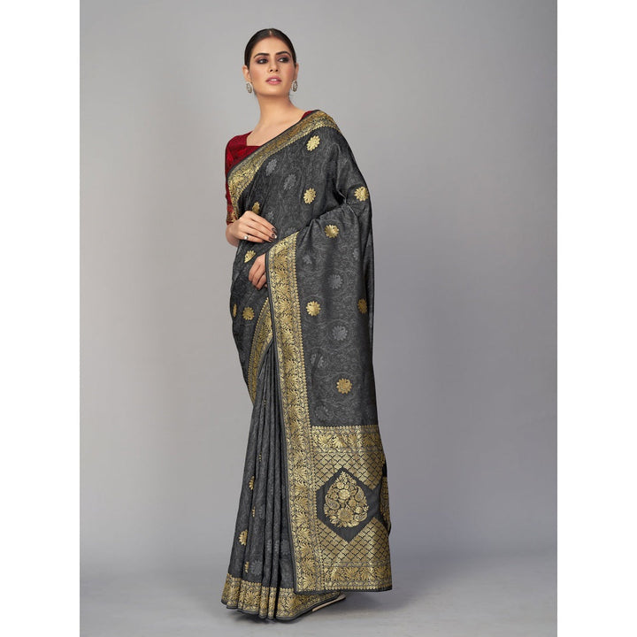 Monjolika Fashion Grey Color Banarasi Silk Woven Designer Saree With Unstiched Blouse
