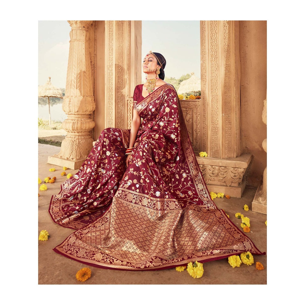Monjolika Fashion Maroon Color Banarasi Silk Woven Designer Saree With Unstiched Blouse
