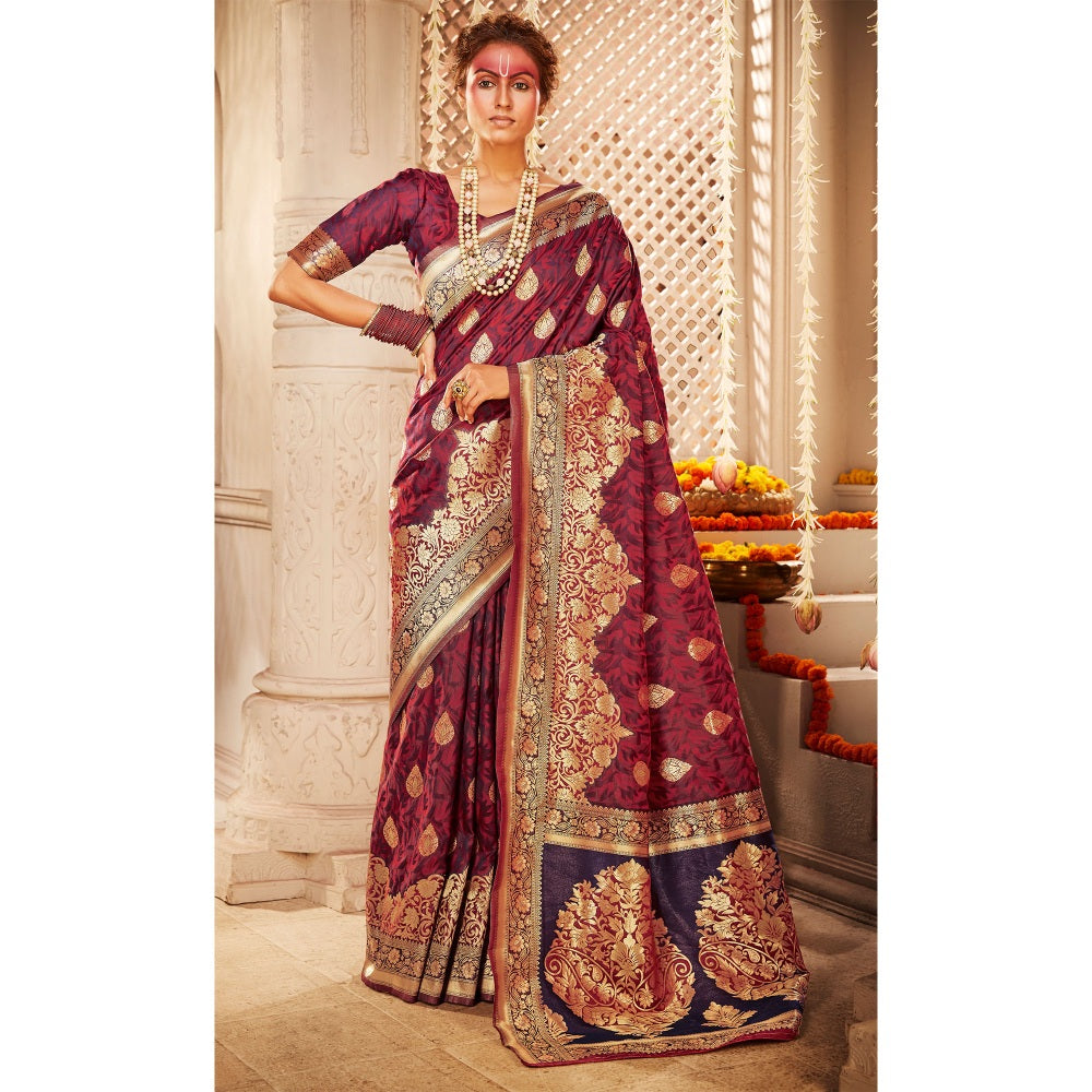 Monjolika Fashion Maroon Color Banarasi Silk Woven Designer Saree With Unstiched Blouse