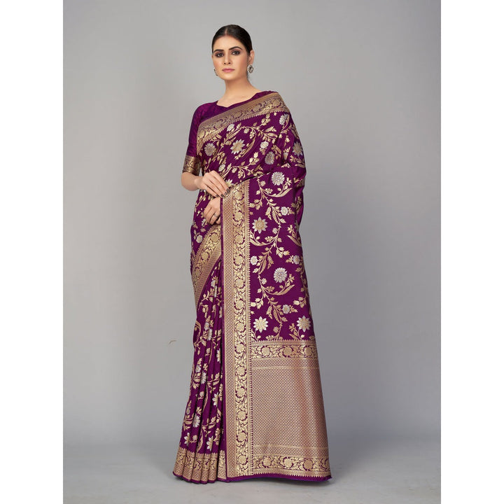 Monjolika Fashion Purple Color Banarasi Silk Woven Designer Saree With Unstiched Blouse