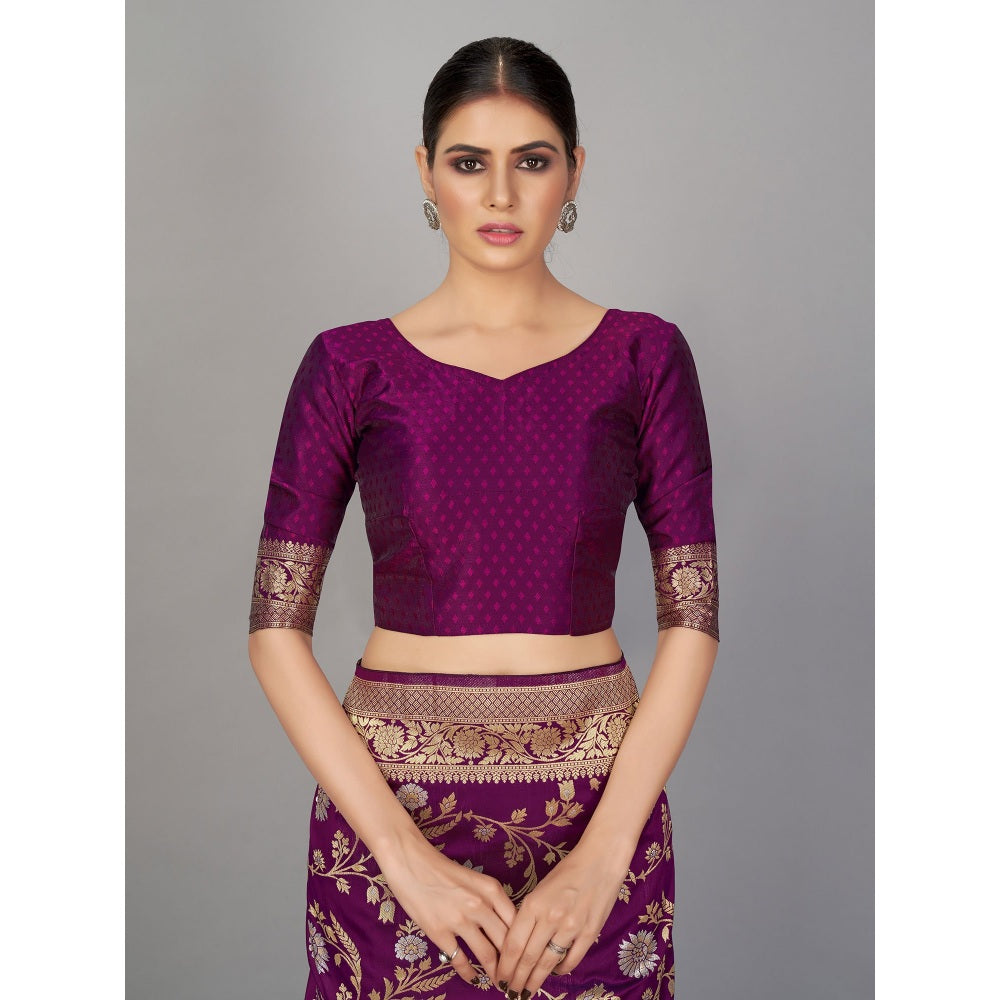 Monjolika Fashion Purple Color Banarasi Silk Woven Designer Saree With Unstiched Blouse