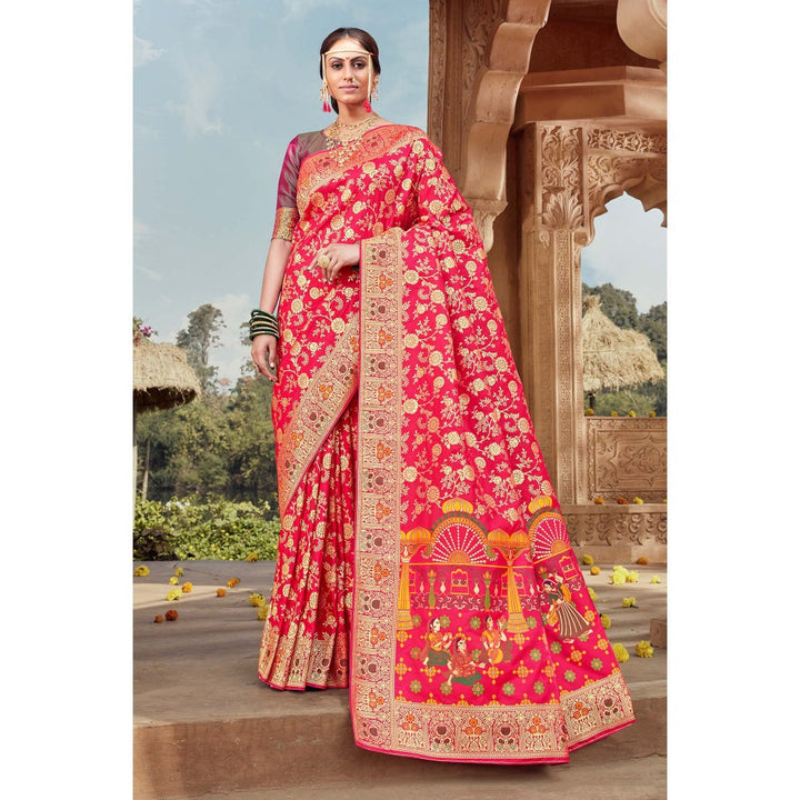 Monjolika Fashion Rani Pink Banarasi Silk Woven Designer Saree With Unstiched Blouse