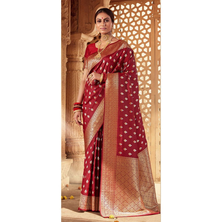 Monjolika Fashion Maroon Color Banarasi Silk Woven Designer Saree With Unstiched Blouse