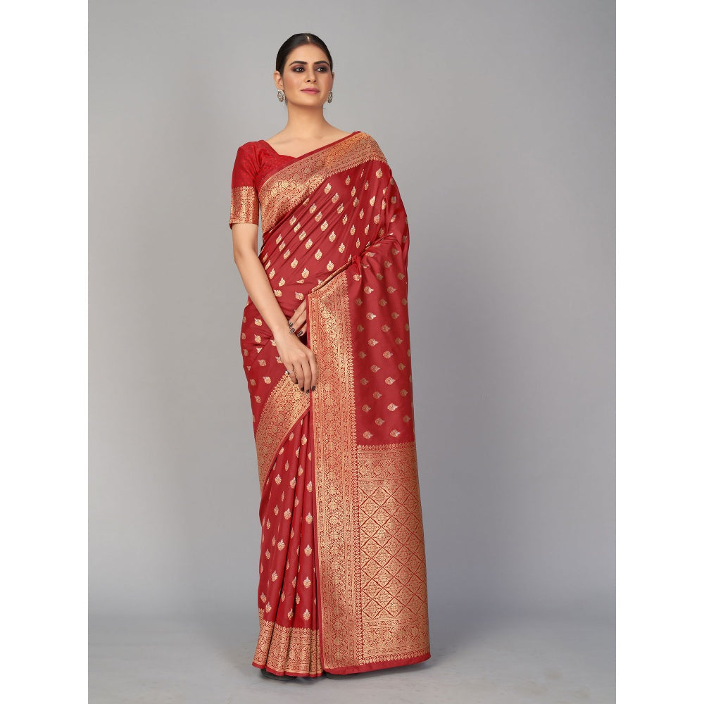 Monjolika Fashion Maroon Color Banarasi Silk Woven Designer Saree With Unstiched Blouse