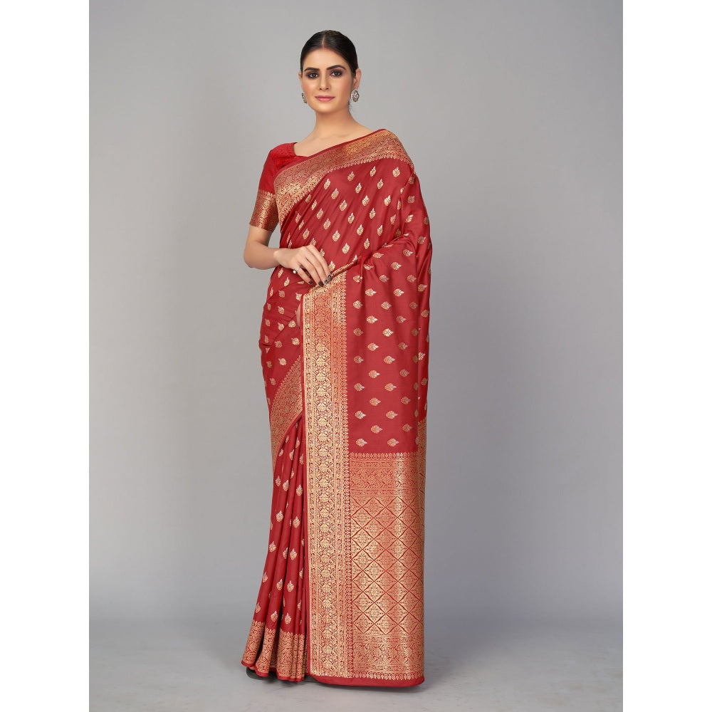 Monjolika Fashion Maroon Color Banarasi Silk Woven Designer Saree With Unstiched Blouse