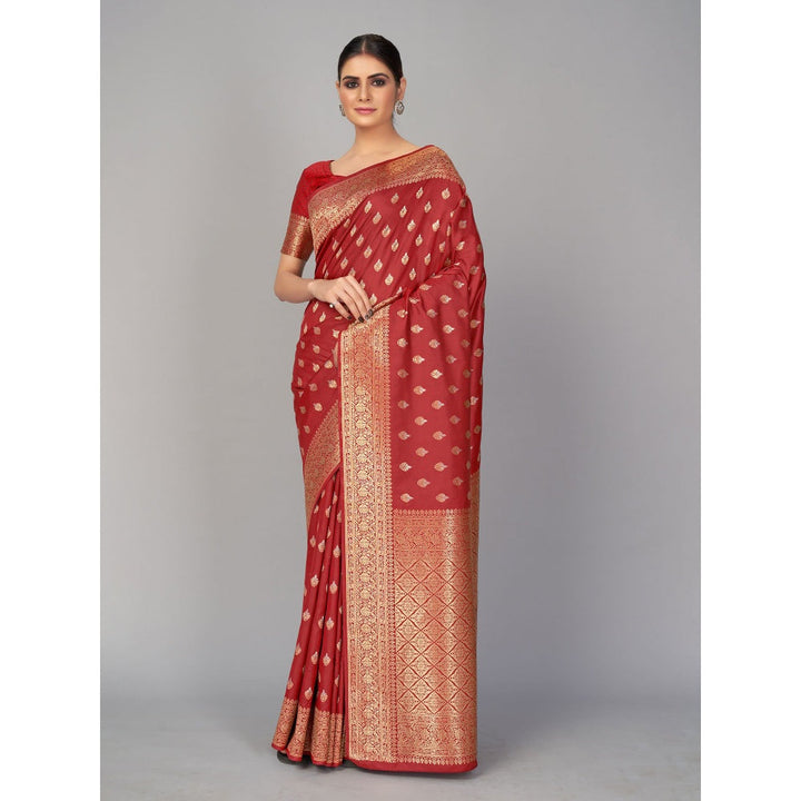 Monjolika Fashion Maroon Color Banarasi Silk Woven Designer Saree With Unstiched Blouse