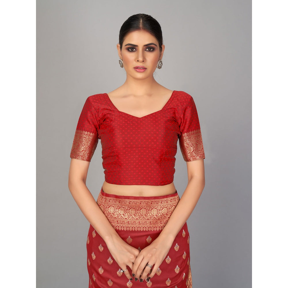 Monjolika Fashion Maroon Color Banarasi Silk Woven Designer Saree With Unstiched Blouse