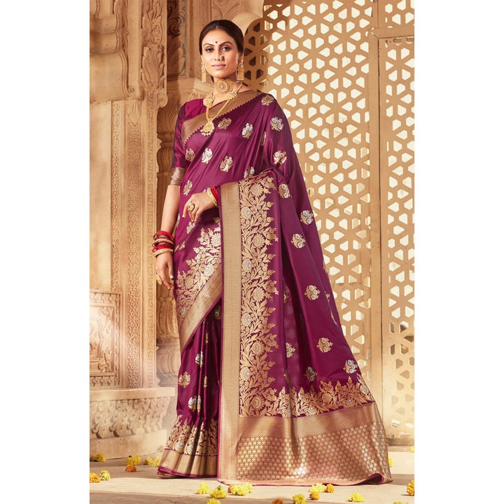 Monjolika Fashion Wine Color Banarasi Silk Woven Designer Saree With Unstiched Blouse